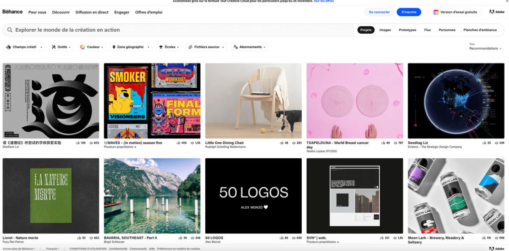 Behance, un outil d'Adobe qui te permet de trouver de l'inspiration, créer des moodboard et générer un site web portfolio.